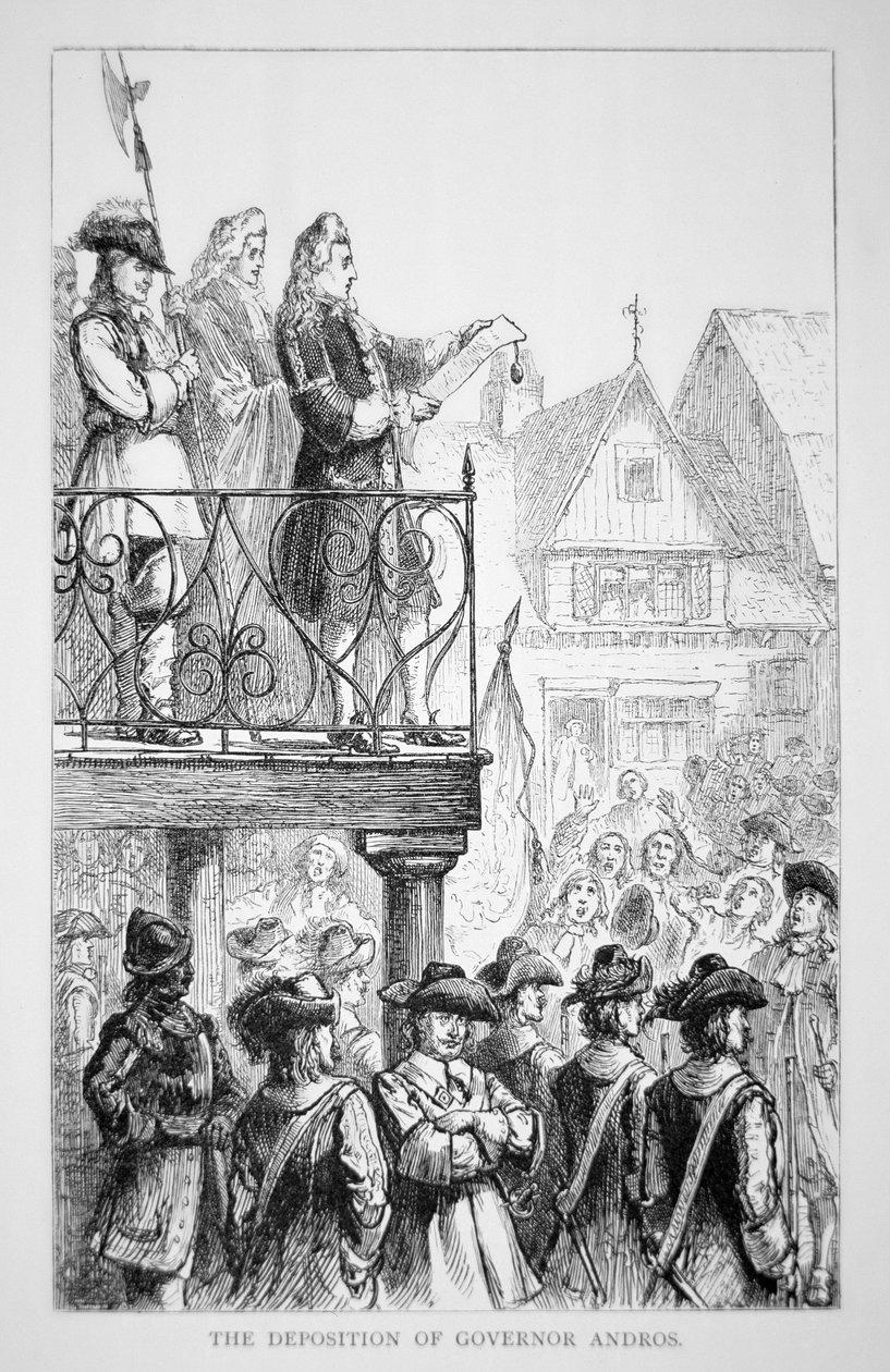 Sir Edmund Andros julistaa Uuden-Englannin vallan vuonna 1686 ja itsensä kuvernööriksi (litho) tekijältä School American