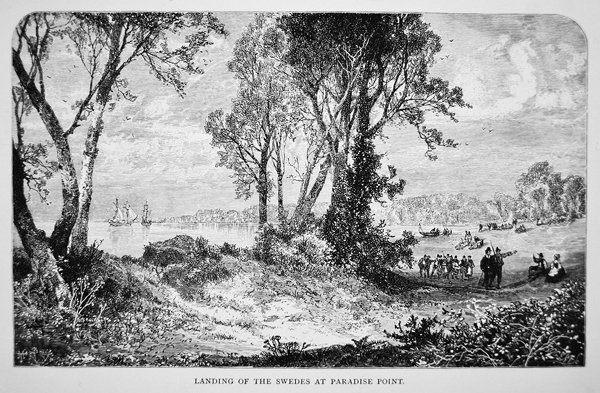 Ruotsalaiset uudisasukkaat laskeutuvat Delaware-joen Paradise Pointiin vuonna 1638 (litho) tekijältä School American