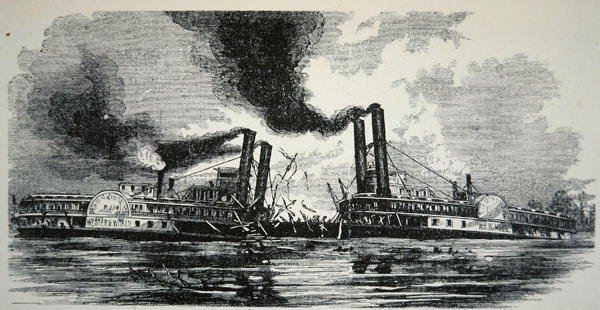 "Länsimaailman" törmäys "H.R.W Hillin" kanssa Mississippillä (kaiverrus) tekijältä School American