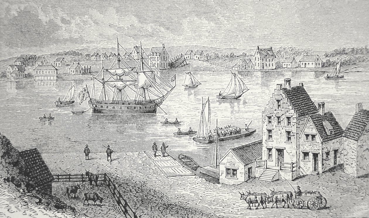 Lautta, New York, n. 1750 (litho) tekijältä School American