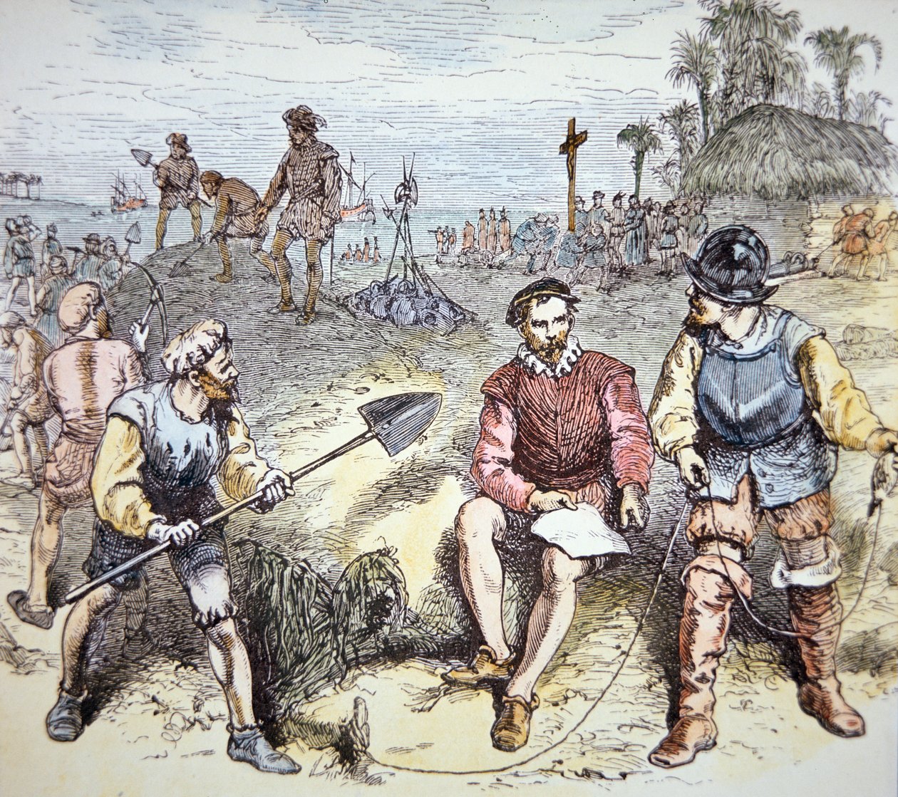 Espanjalaiset perustivat St. Augustinuksen Floridaan vuonna 1565 (värilitho) tekijältä School American