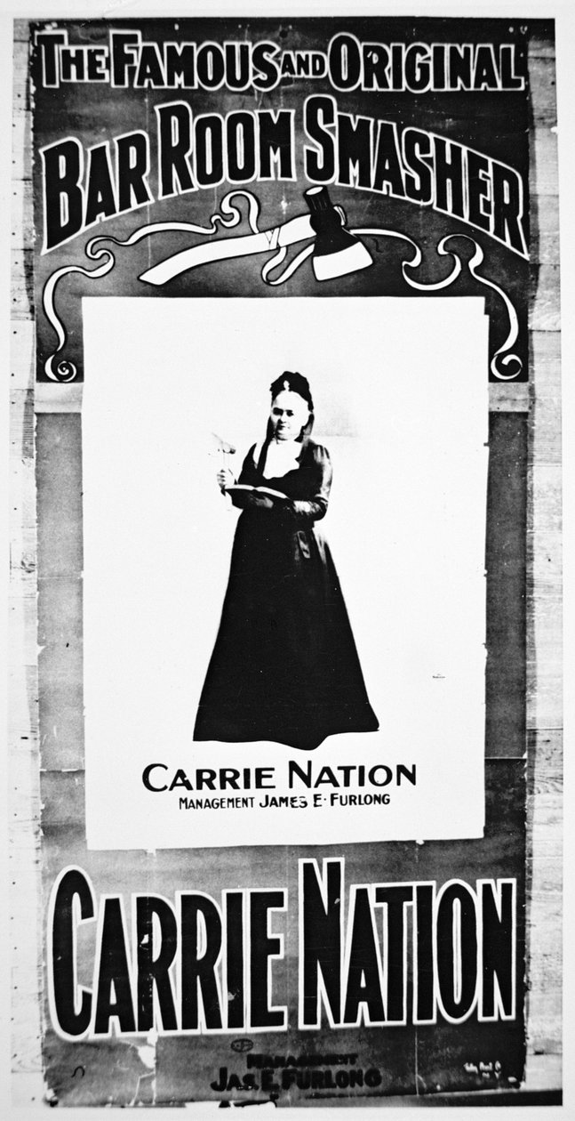 Teatterijuliste, joka kuvaa Carry Nationia (1846-1911) pitelemässä tuhoisaa kirvestään (litho) tekijältä School American