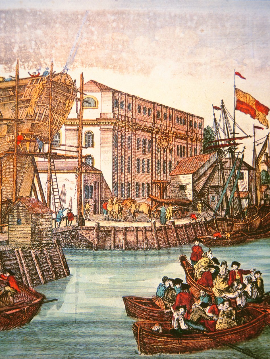 Näkymä New Yorkin satamaan 1700-luvun puolivälissä (väri litho) tekijältä School American