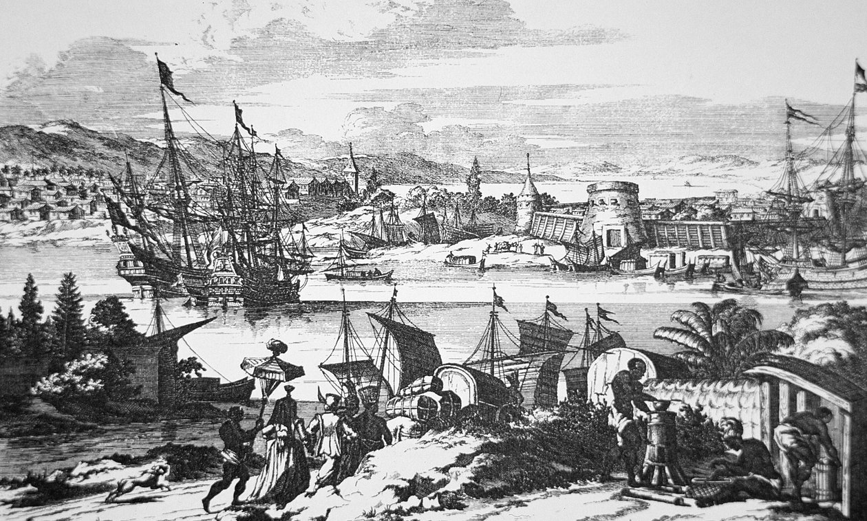 Näkymä St. Augustinesta, Floridasta 1600-luvulla (litho) tekijältä School American