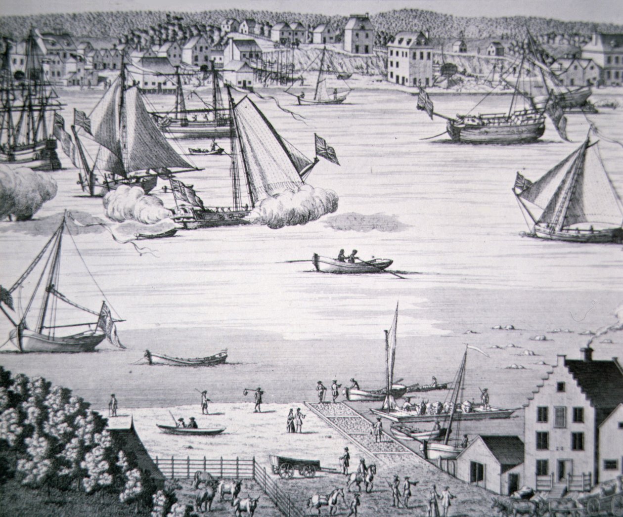 Näkymä East Riverille, New York n. 1750 ja laivanrakennuskeskus (litho) tekijältä School American