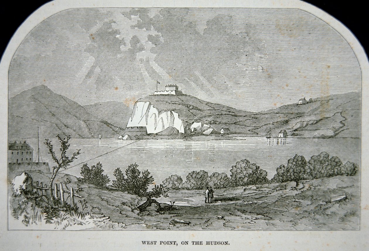 West Point, avainlinnoitus, jonka Benedict Arnold suunnitteli toimittaakseen briteille vapaussodan aikana (litho) tekijältä School American