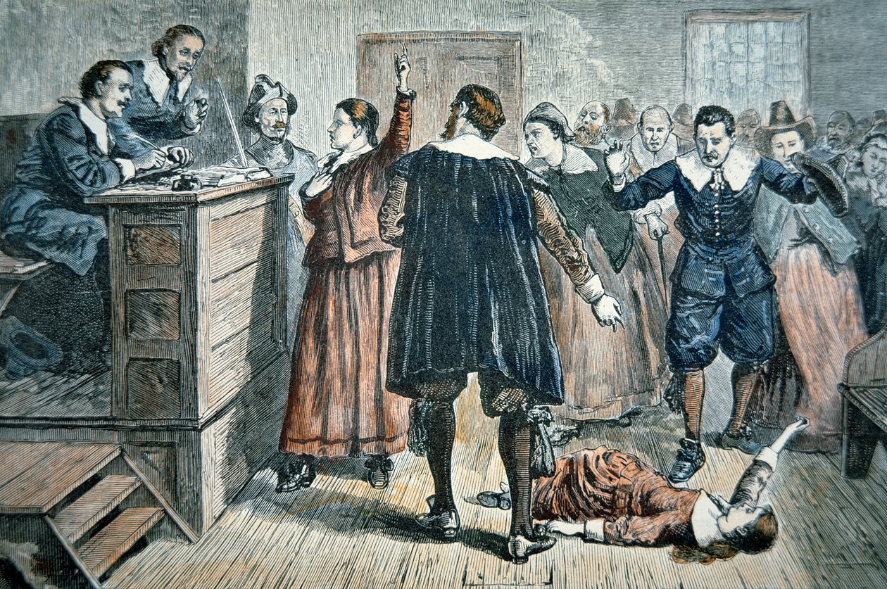Salemin noidat – oikeudenkäynnissä vuonna 1692 lumoutunut tyttö (väri litho) tekijältä School American