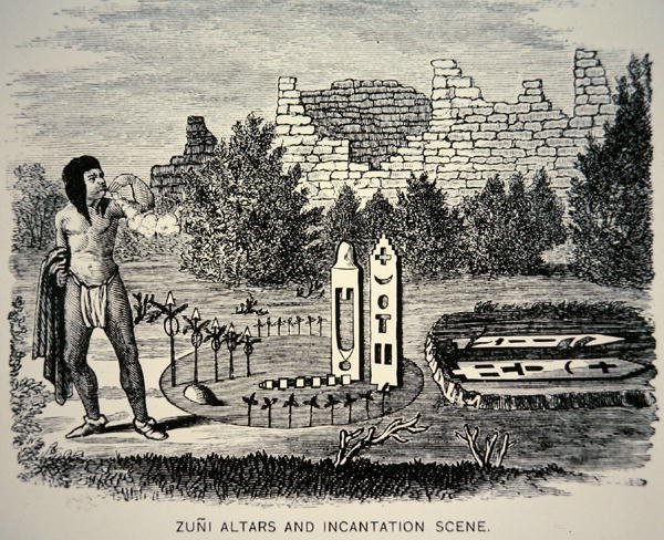 Zuni-heimomies puhaltaa siitepölyä Pueblo-pyhäkön yllä (kaiverrus). tekijältä School American