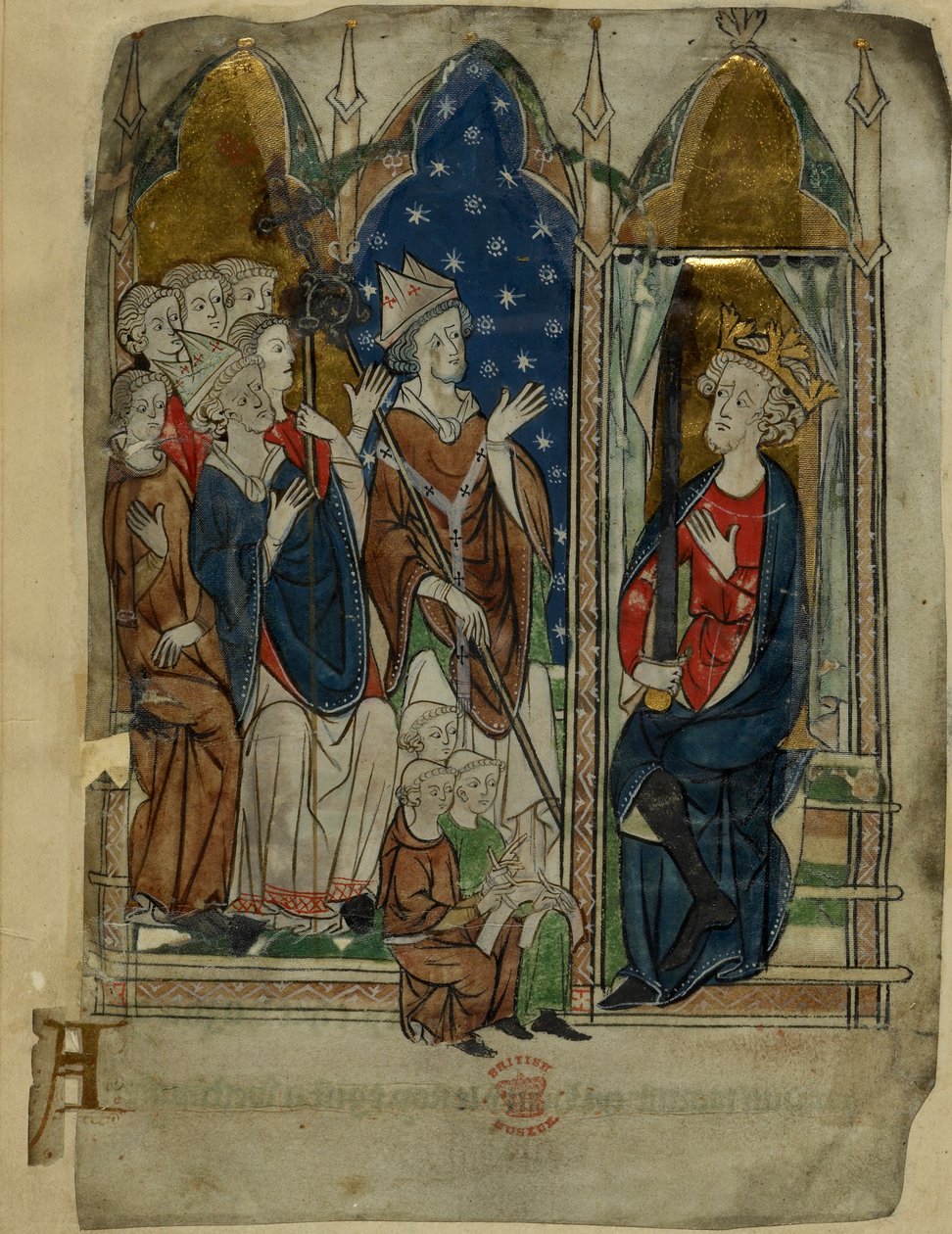 Puuvilla Vitellius A. XIII f.6v Kuningas Edward I istuu hovinsa ja virkailijoidensa kanssa, julkaisusta "Miscellaneous Chronicles", n. 1280-1300 (muste, väri ja kulta velumilla) tekijältä School Anglo French