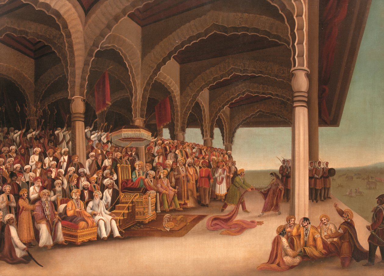 Nimetön (The Disrobing of Draupadi), c. 1800-luvun loppu (öljy kankaalle) tekijältä School Bengali