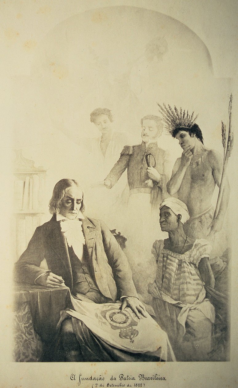Brasilian maan perustaja, 7. syyskuuta 1822 - Allegoria, joka edustaa kolmea rotua: afrikkalaista orjaa, portugalilaista ja alkuperäistä intiaania yhdessä Jose Bonifacion (1763-1838) ja Pedro I:n (1793-1834) kanssa tekijältä School Brazilian