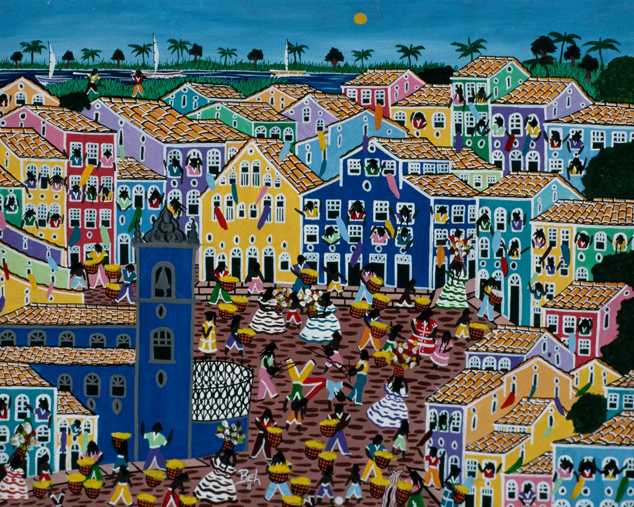 Naivi taidemaalaus, joka kuvaa markkinoita, Bahian osavaltio, Brasilia tekijältä School Brazilian
