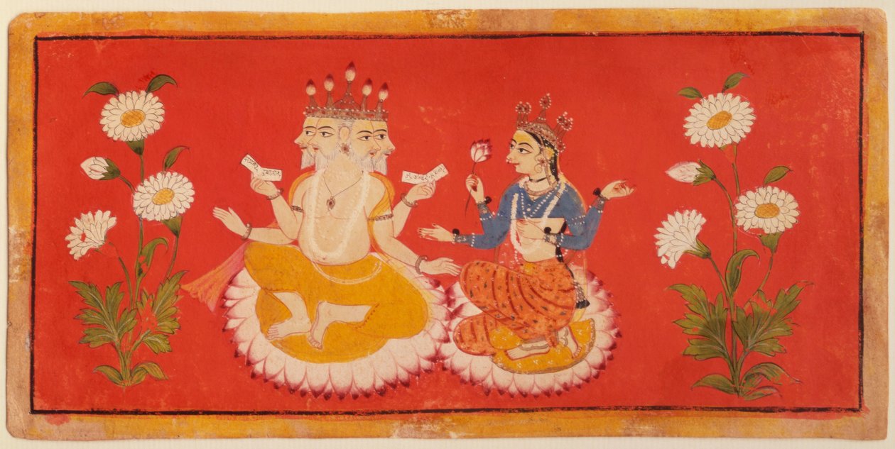 Brahma istuu Saraswati Brahman kanssa pitelemässä Neljä Vedaa ja Saraswai puristamassa lootuksen terälehteä, n. 1650 (guassi) tekijältä School Bundi