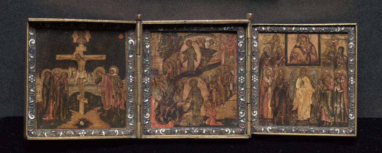 Kannettava triptyykkikuvake: Ylösnousemus ja Anastasis tekijältä School Byzantine