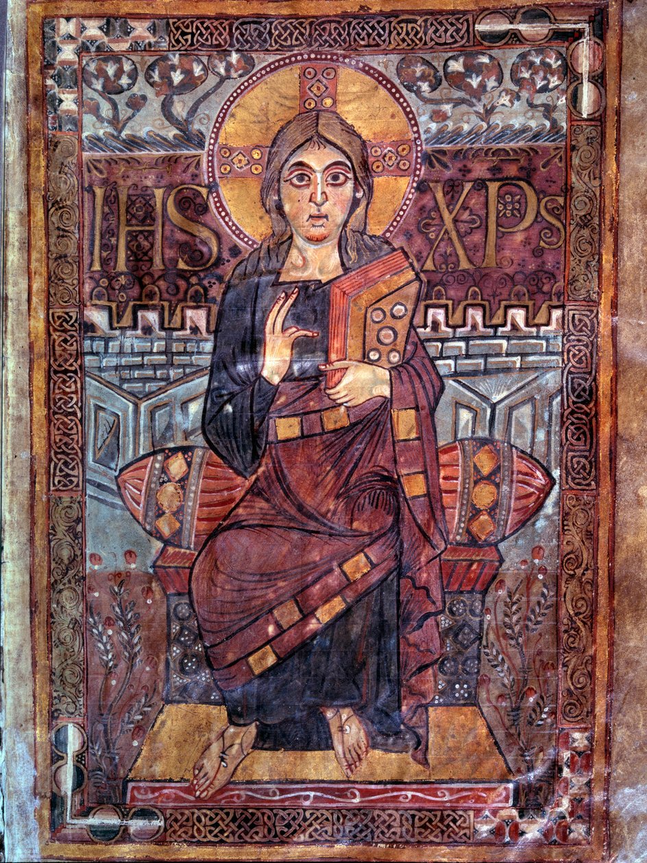 Karolingien taide: Kristus majesteettisuudessa (kirkkaudessa). Miniatyyri käsikirjoituksesta "Evangeliaire de Godescalc, Ecole du Palais de Charlemagne" (folio 3) Godescalcin kopio Saint-Sernin de Toulousen aarrekammiosta, Bibliotheque du Louvre, 781-783.  tekijältä School Carolingian