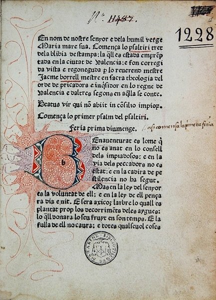Inc. 1228 Boniface Ferrerin psalteri, korjannut Jaime Borrell, painanut Nicolaus Spindeler Barcelonassa vuonna 1480 (painatus ja muste paperille) tekijältä School Catalan