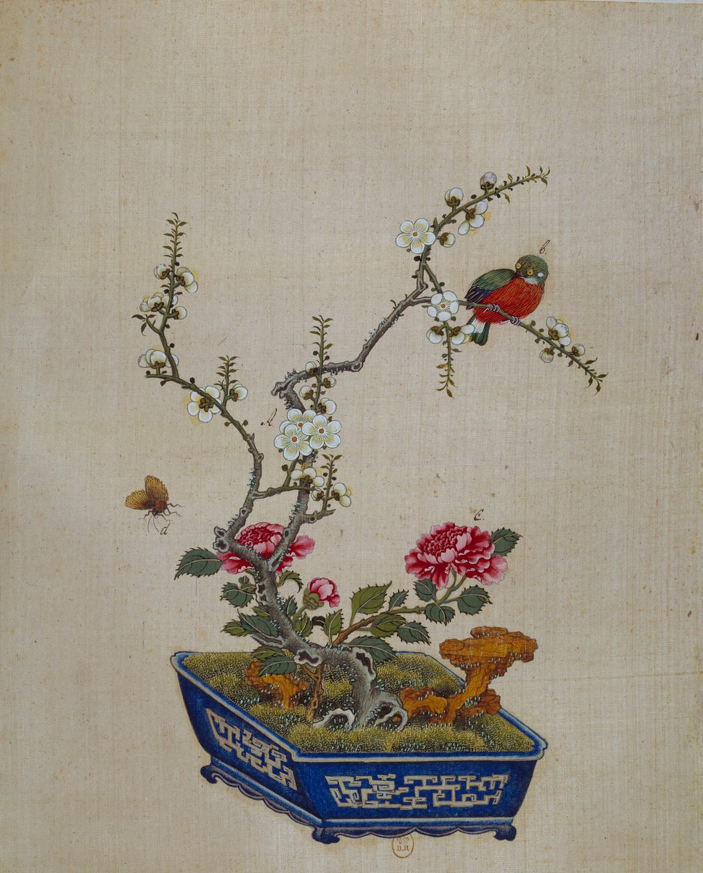 Kiinalainen taide: kukat ja linnut (bonzai). 1700-luvun silkkimaalaus. Paris, B.N. tekijältä School Chinese