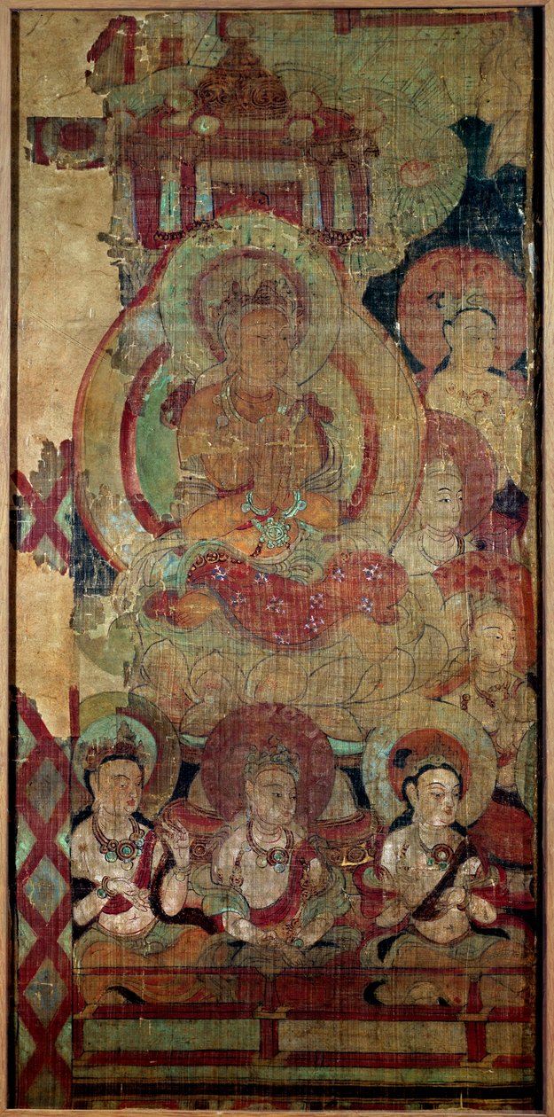 Kiinalainen taide: Boddhisatvien (tai Bodhisatvojen) ryhmä. silkkimaalaus. 10. vuosisadan dynastia Touen Houang, Musee des Arts Asians de Guimet, Pariisi. tekijältä School Chinese