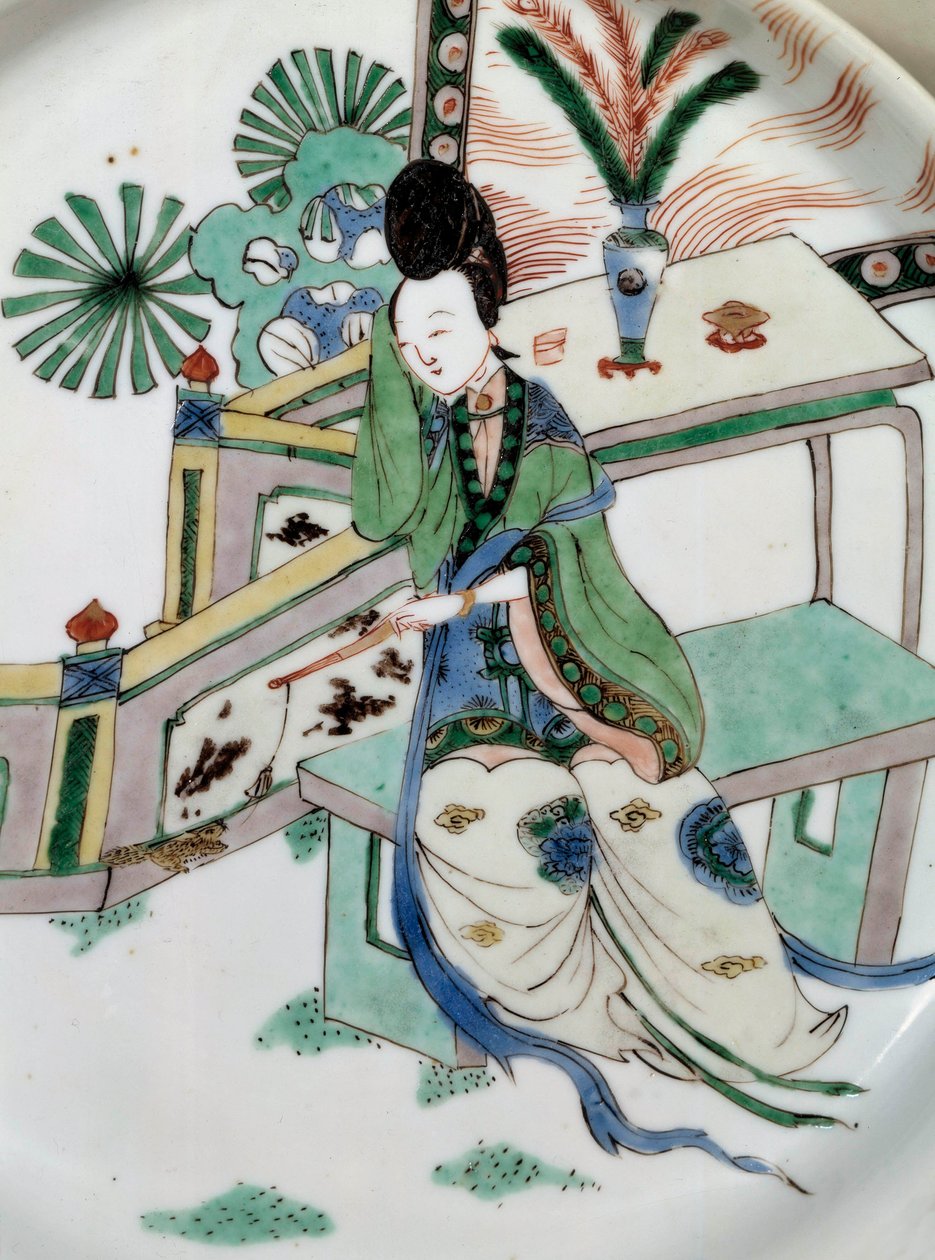 Kiinalainen taide: nainen rewers penkillä. Maalaus posliinille 1700-luvulta. Pariisi, Guimetin museo, Aasian taiteen kansallinen museo tekijältä School Chinese