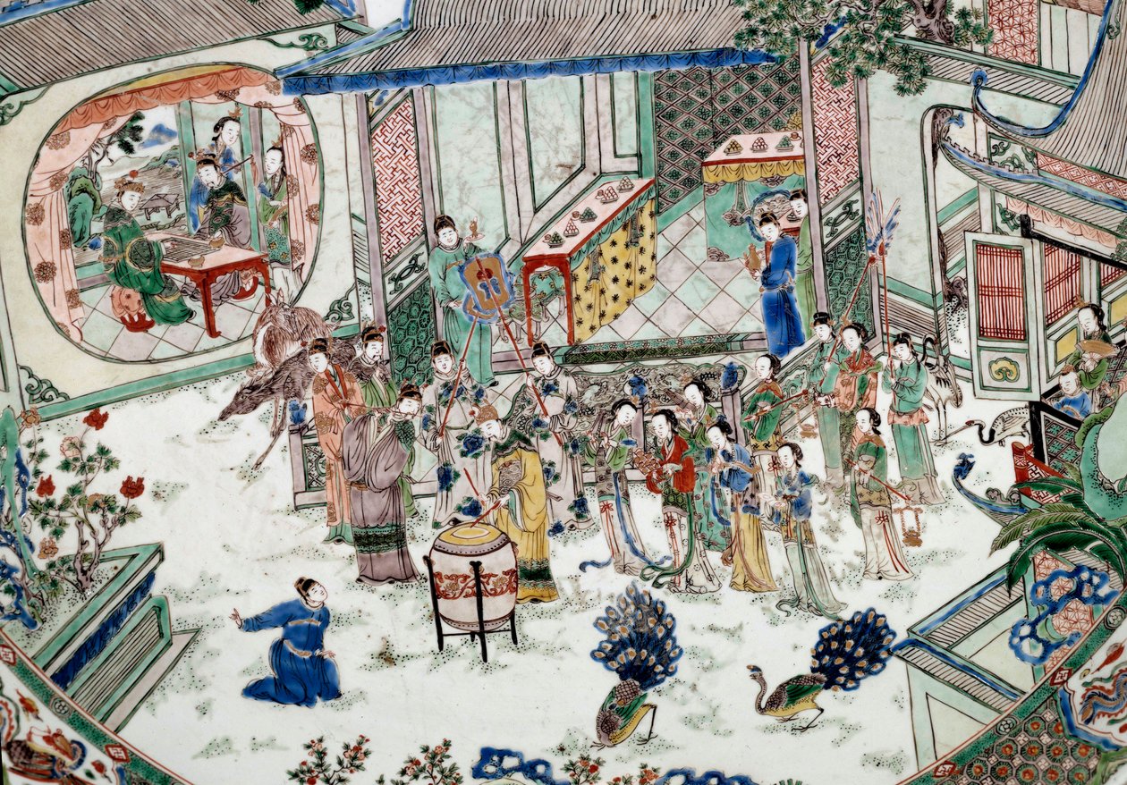 Kiinalainen taide: perinteinen juhla konsertilla. Maalaus posliinille. 1700-luvulla. Pariisi, Guimetin museo, Aasian taiteen kansallinen museo tekijältä School Chinese