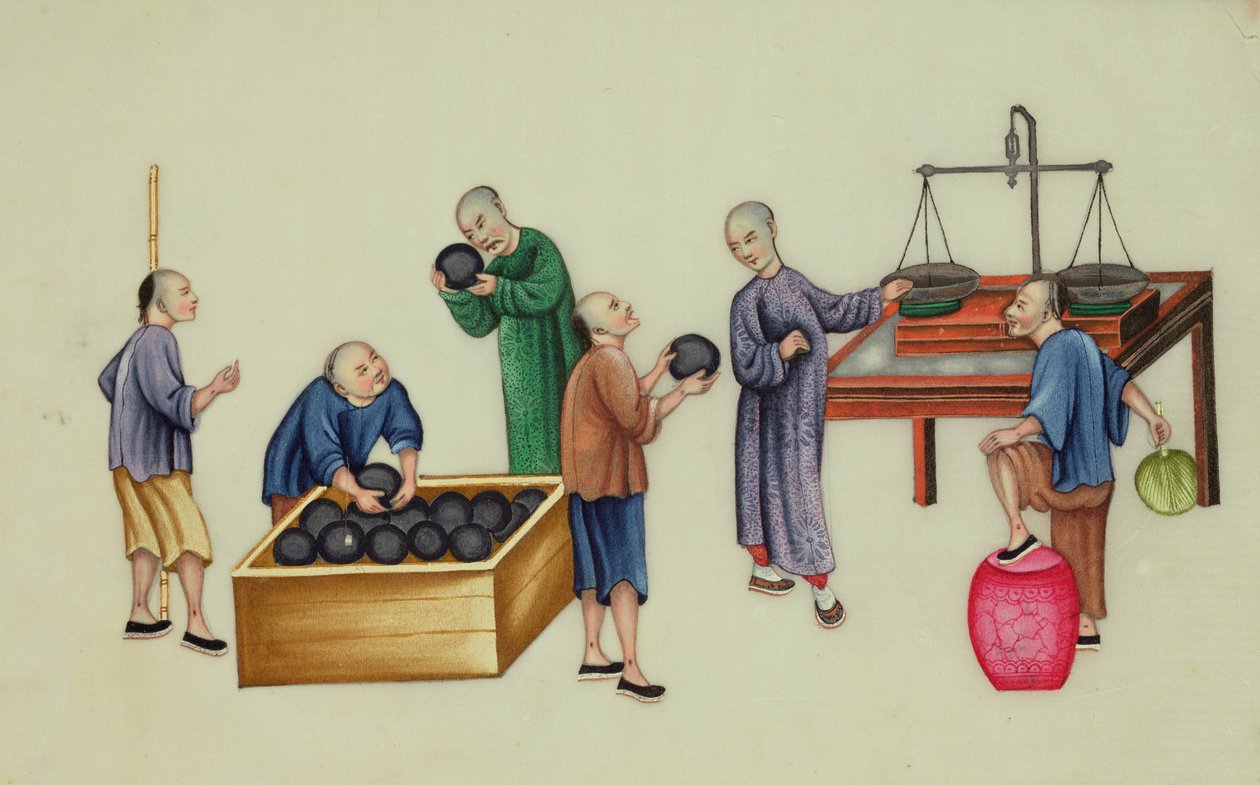 Kiinalaiset jälleenmyyjät testaavat ja punnitsevat oopiumia elokuvasta "The Evils of Opium Smoking" tekijältä School Chinese