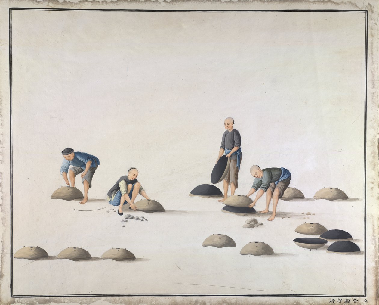 "Sulje muotin puolikkaat ja tutki muottia", valmistaa valurautaa Kiinassa, n. 1820 (akvarelli paperille) tekijältä School Chinese