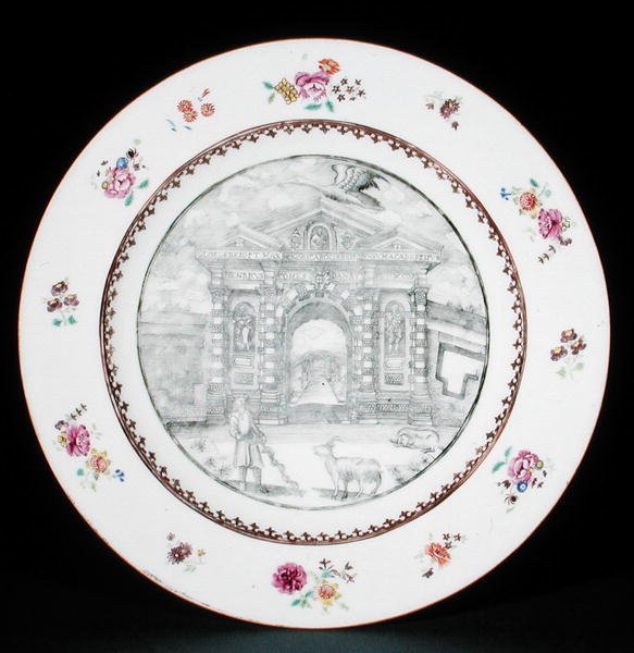 Ruokalautanen koristeltu en grisaille Rose Famille -emileillä, jotka kuvaavat Jacob Bobartia (1599-1680) vuohen ja koiran kanssa, Qianlong-kausi (1736-95) (posliini) tekijältä School Chinese