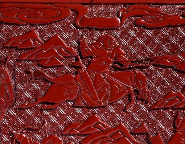 Asiakirjalaatikko ja kansi, joissa on kuvattu jousiampuja, Ming-dynastia (veistetty punainen lakka) (yksityiskohta) (katso 142706-7) tekijältä School Chinese