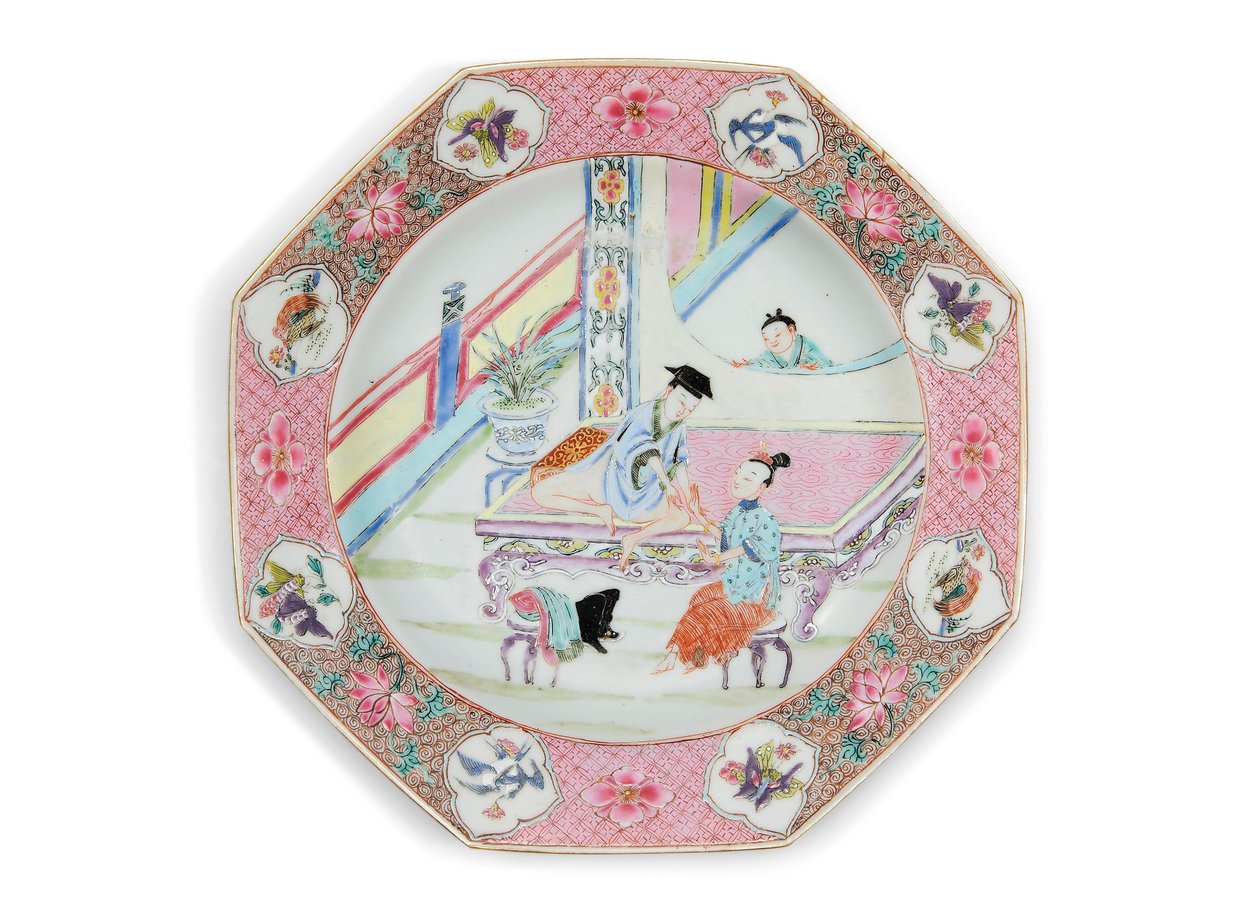 Famille Rose "Erotic Subject" -levy, Yongzheng-varhainen Qianlong-aika tekijältä School Chinese