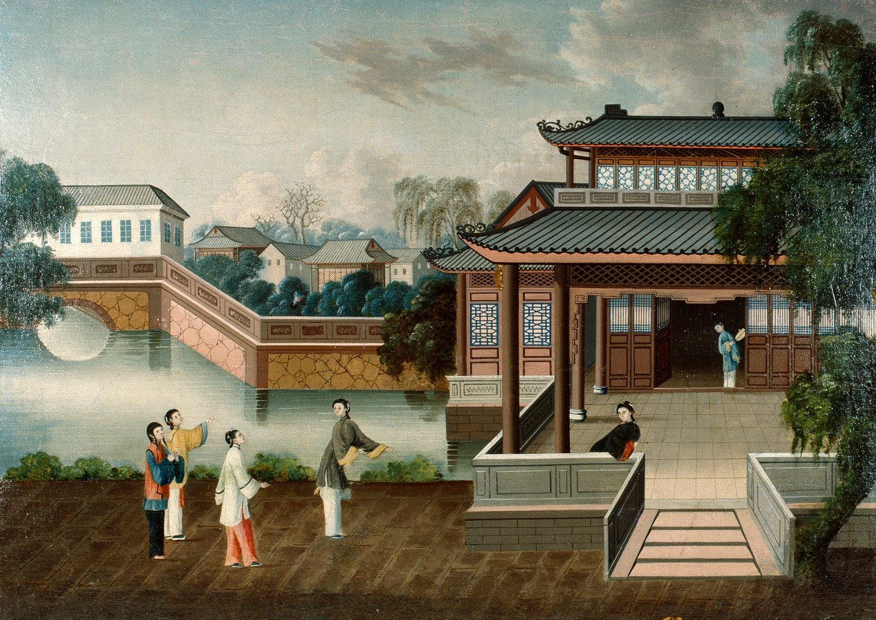 Figures Approaching a Riverside Mansion, noin 1800 (öljy kankaalle) tekijältä School Chinese