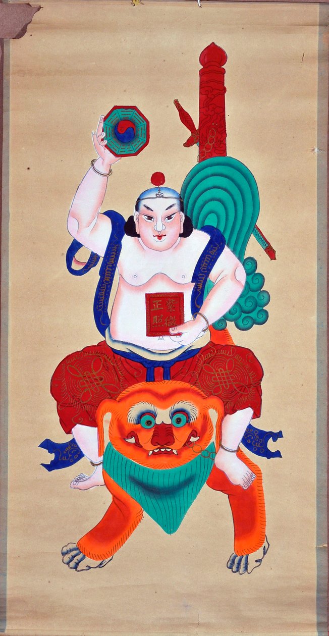 Jumala leijonalla - kiinalainen kirjakäärö, muste ja maalaus (112x57 cm), vuosina 1900-1950 - Musee de l