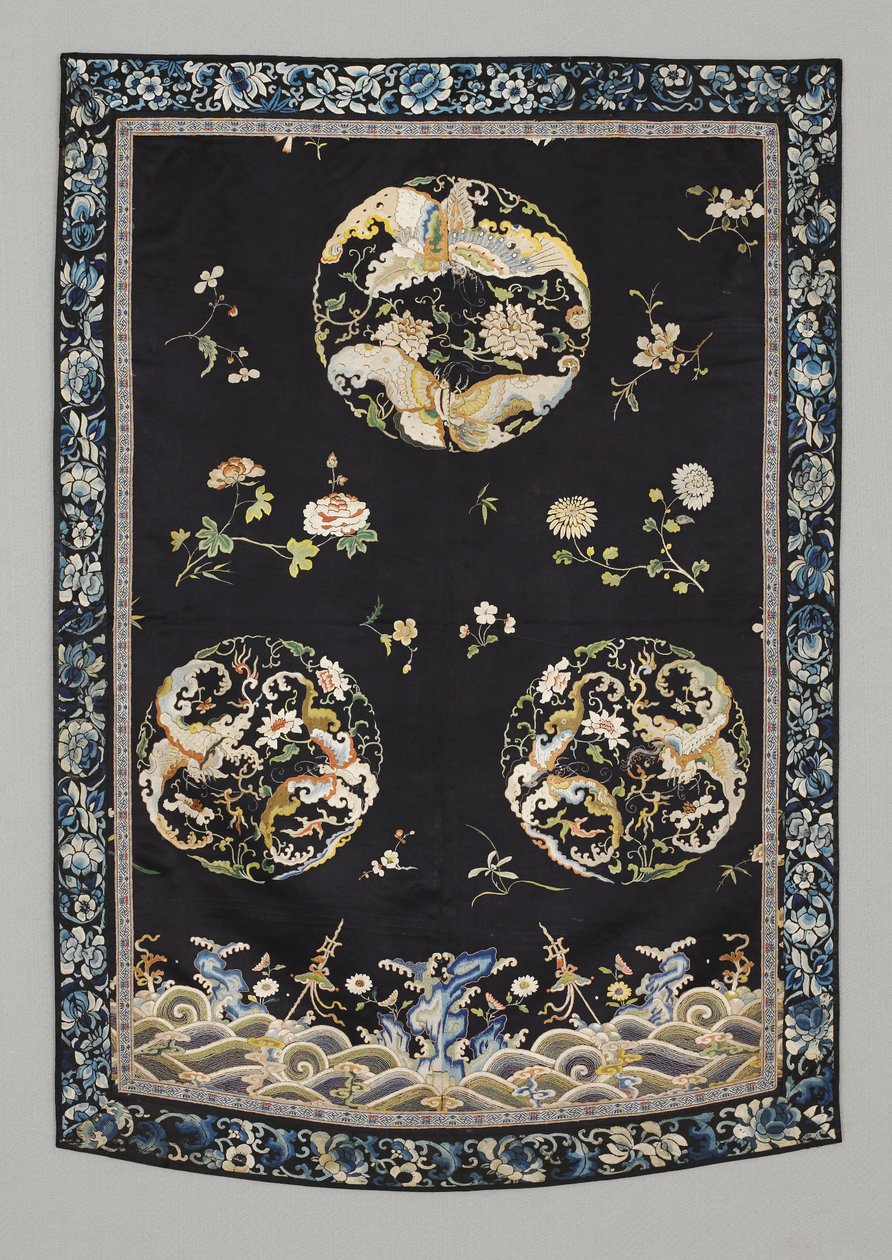 Riippuva, n. 1750-1800 (silkki brodeerattu (satiiniommel), luonnollinen ja synteettiset väriaineet) tekijältä School Chinese