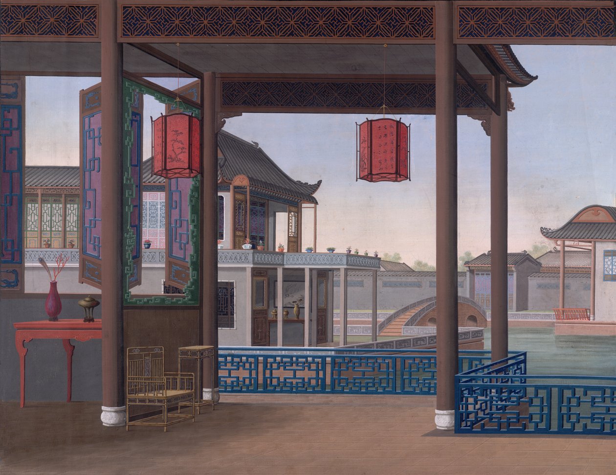 Kiinan virkamiehen talo, n. 1800-05 (läpinäkymätön akvarelli paperille) tekijältä School Chinese