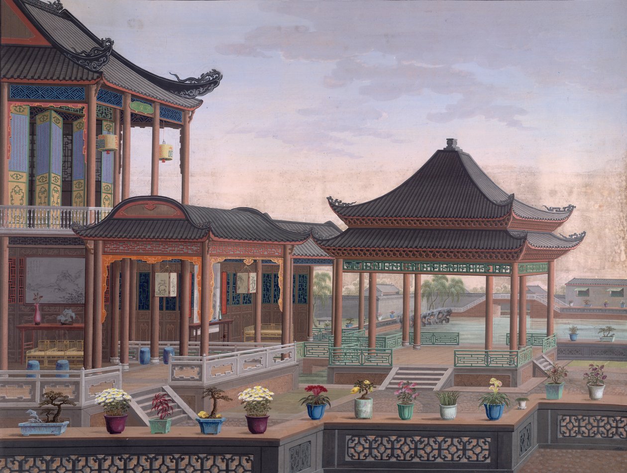 Kiinan virkamiehen talo, n. 1800-05 (läpinäkymätön akvarelli paperille) tekijältä School Chinese