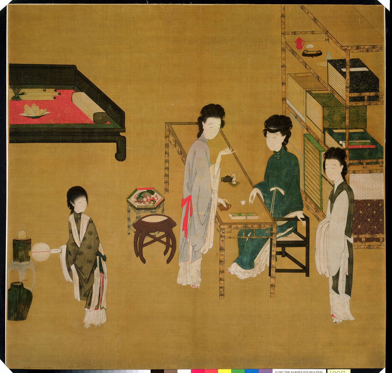 Interior Scene, 1700-luvun lopulla tai 1800-luvulla (kiinalainen musta muste ja voimakkaasti levitetyt pigmentit silkkiin) tekijältä School Chinese