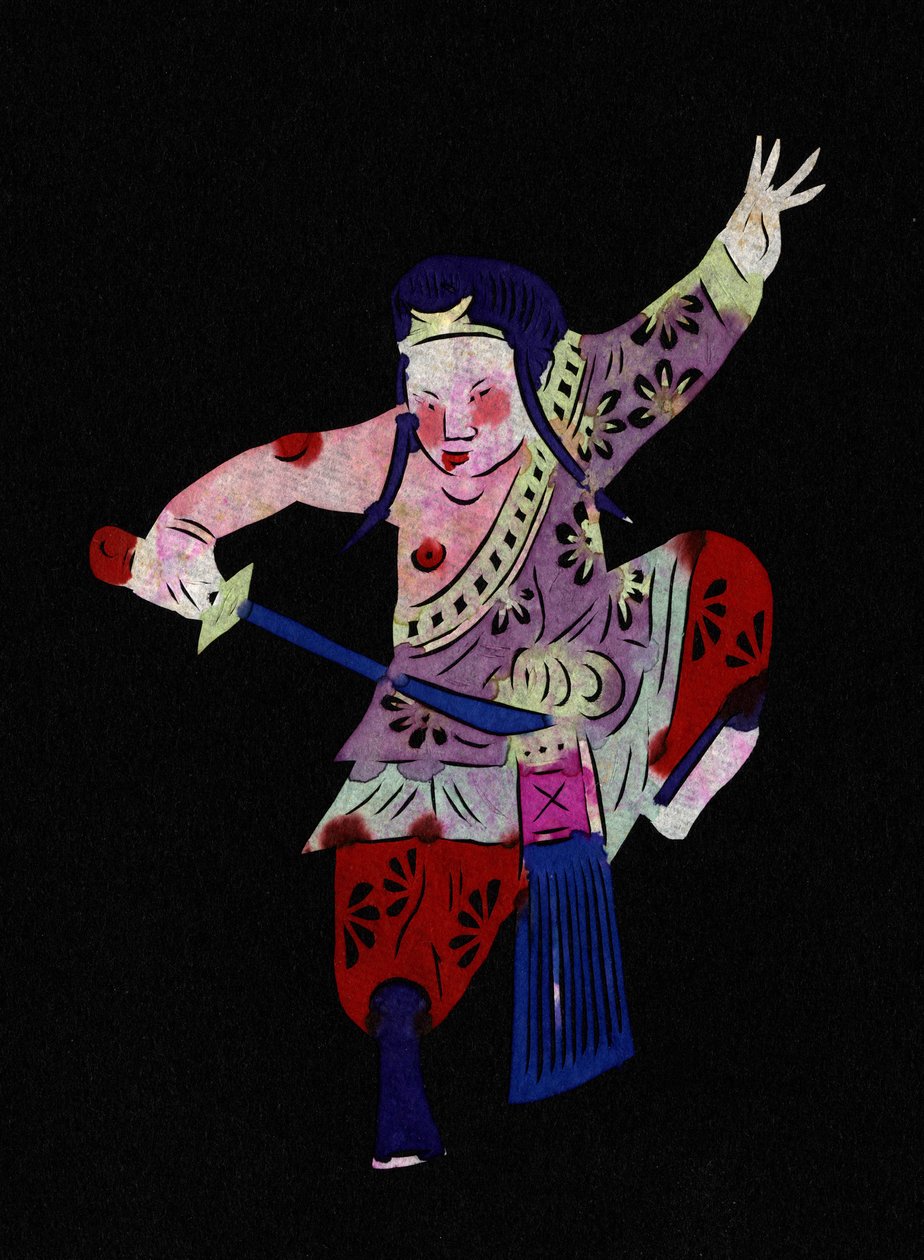 Mieshahmo harjoittelemassa kamppailulajeja miekan kanssa. Maalattu paperileikkaus eli "Jian Zhi", kiinalaista kansantaidetta, Pekin. tekijältä School Chinese