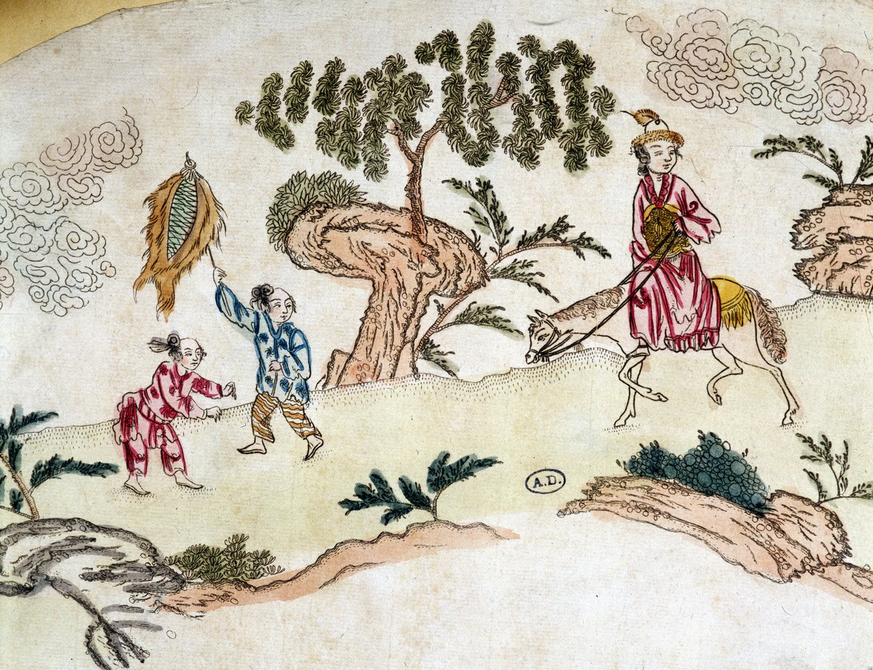 Jalo nainen hevosen selässä ja lapset leikkimässä leijaa - kiinalainen printti, noin 1800 tekijältä School Chinese