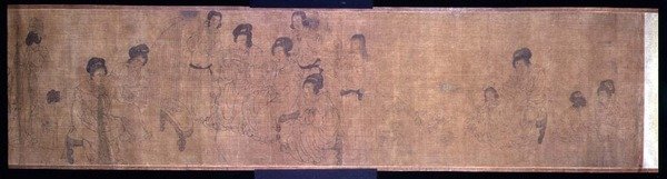 Palace Ladies at Leisure Handscroll, yksityiskohta musiikkia tekevistä naisista, Wen-chu Choun (fl.970) Southern Sung -kauden alkuperäiskappaleen mukaan, n. 1140 (mustetta ja pigmenttiä silkillä) (katso myös 114251) tekijältä School Chinese
