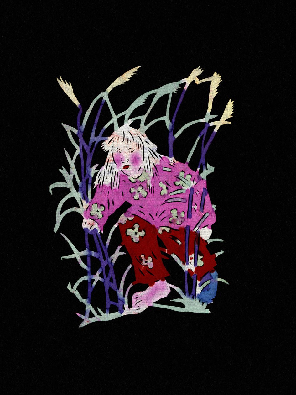 Talonpoika yrttien seassa. Maalattu paperileikkaus eli "Jian Zhi", kiinalaista kansantaidetta, Pekin. tekijältä School Chinese