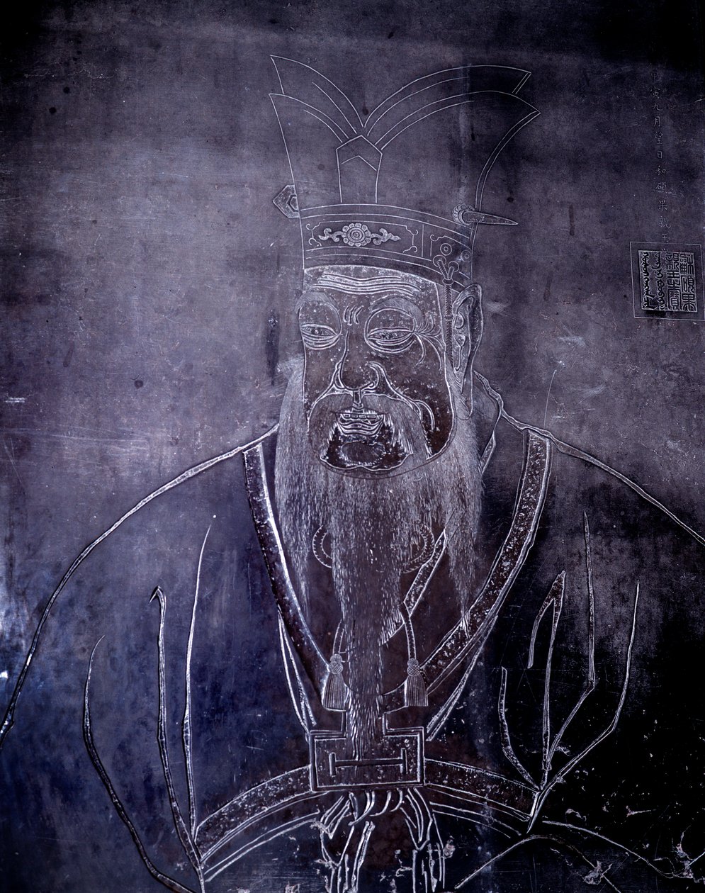 Kiinan filosofian muotokuva Konfutse (551-479 eKr.), hautakivi, Shanghain museo tekijältä School Chinese