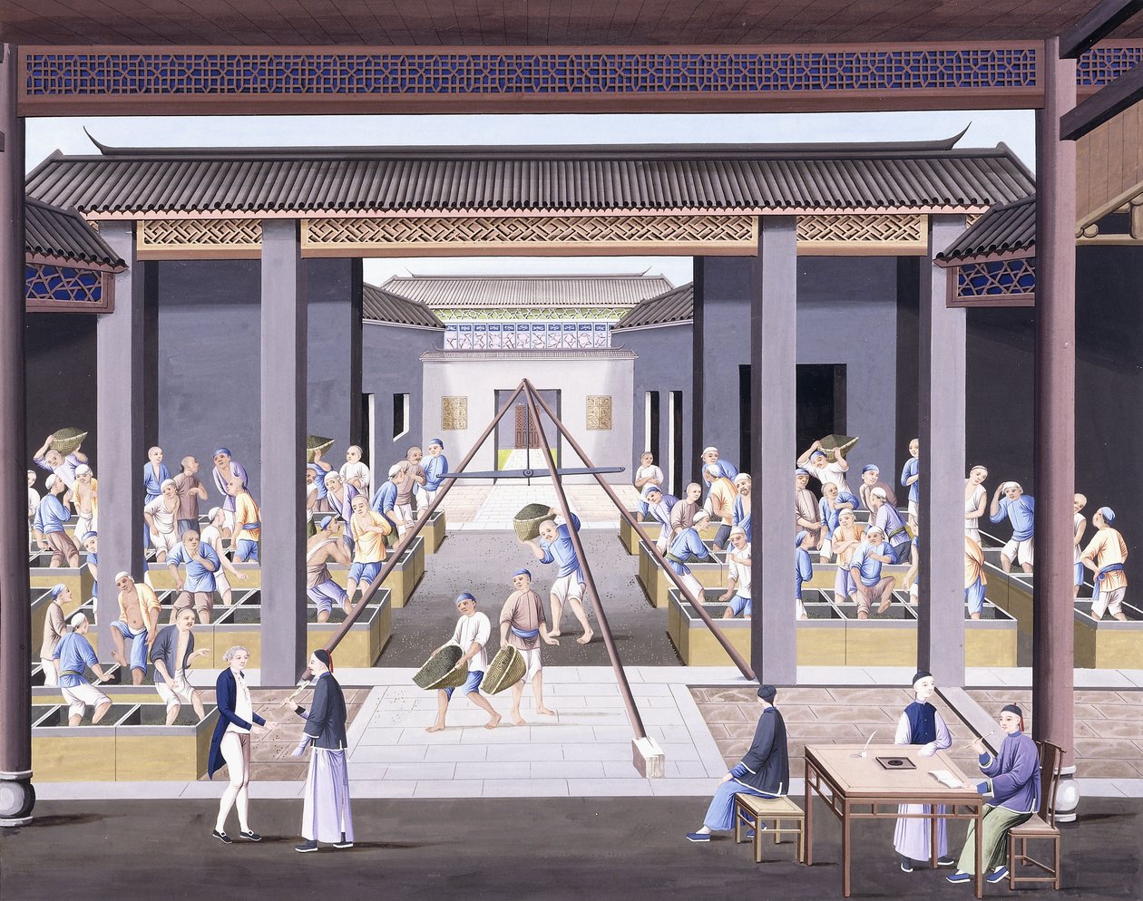 Pounding the Tea, n. 1800 (guassipiirrokset raskaalle alkuperäispaperille) tekijältä School Chinese
