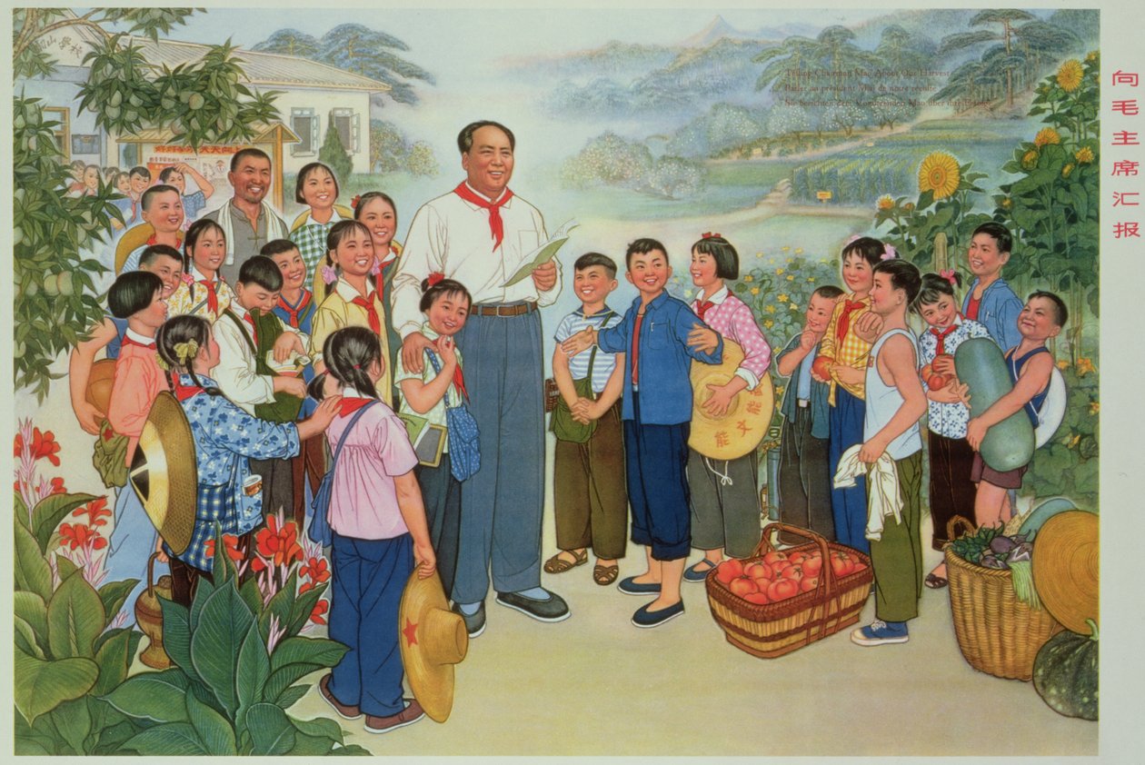 "Raportoimme sadostamme puheenjohtaja Maolle", Kiinan kulttuurivallankumouksen propagandajuliste. tekijältä School Chinese