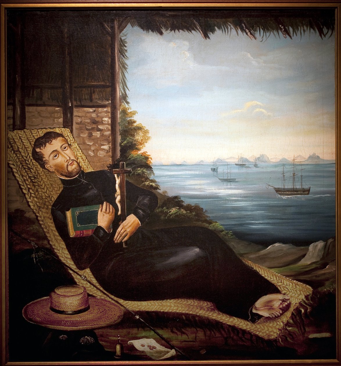 Saint Francois Xavier lepää Hongkongin lahden edessä (Kiina). Hongkongin työpajan maalaus, öljy kankaalle, noin 1850. Port Louis Museum. tekijältä School Chinese