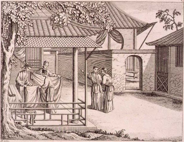"Selling the Silk after it is Wove", Kiina, 1700-luvun loppu (puupiirros) tekijältä School Chinese