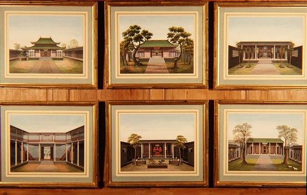Kuuden kiinalaisen paviljongin sarja ja sisäpihakohtaukset, n. 1780 (akvarelli) tekijältä School Chinese