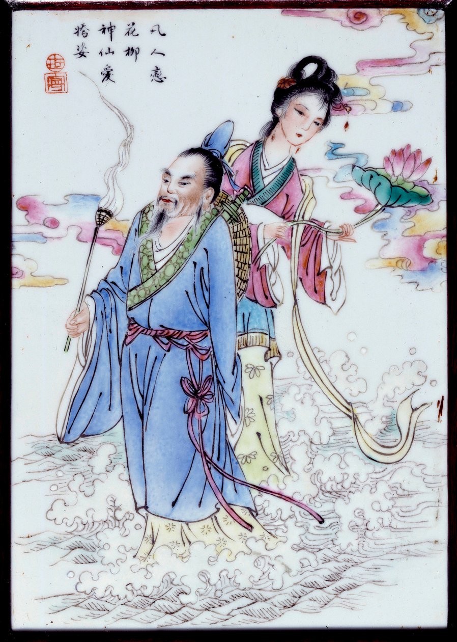 Summer Allegory Nainen pitelee liljakukkaa ja mies, jolla on suitsukerengas kävelemässä suihkeen läpi. Maalaus anonyymille posliinille. 1700-luvun yksityinen kokoelma tekijältä School Chinese