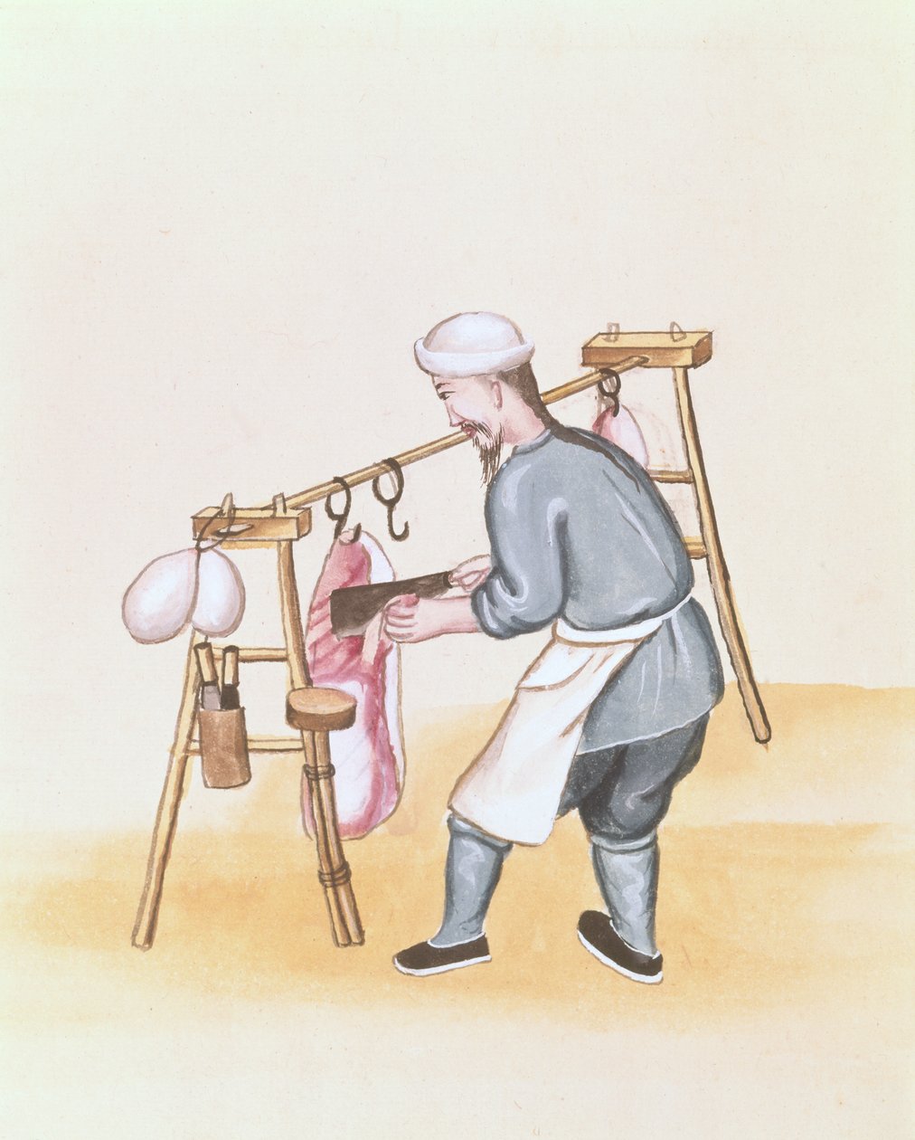 Lihanmyyjä, kirjasta Pekingin katupuhelut, n. 1785 (akvarelli ja guassi paperille) tekijältä School Chinese