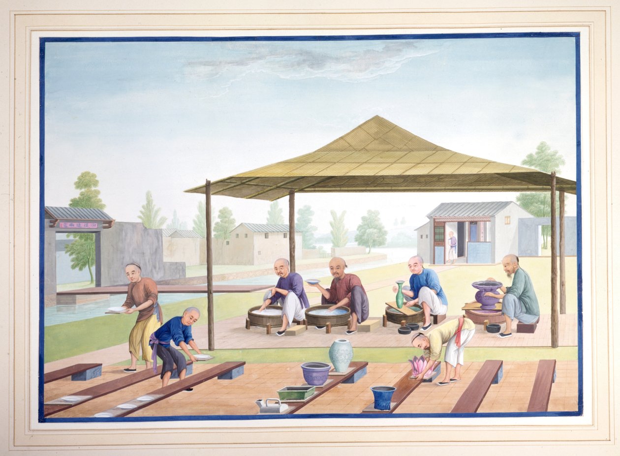Työmiehet lasitteiden levittämisessä, noin 1825 (guassi paperille). tekijältä School Chinese