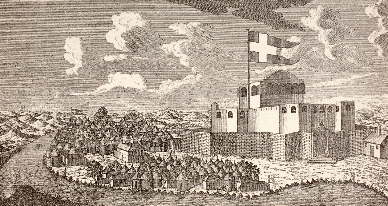 Tanskalainen siirtolaislinnoitus Fredensborg, Ningo, Ghana, sellaisena kuin se oli vuonna 1760, teoksesta "Afrika, dets Opdagelse, Erobring og Kolonisation", julkaistu 1901 Kööpenhaminassa (litografia). tekijältä School Danish