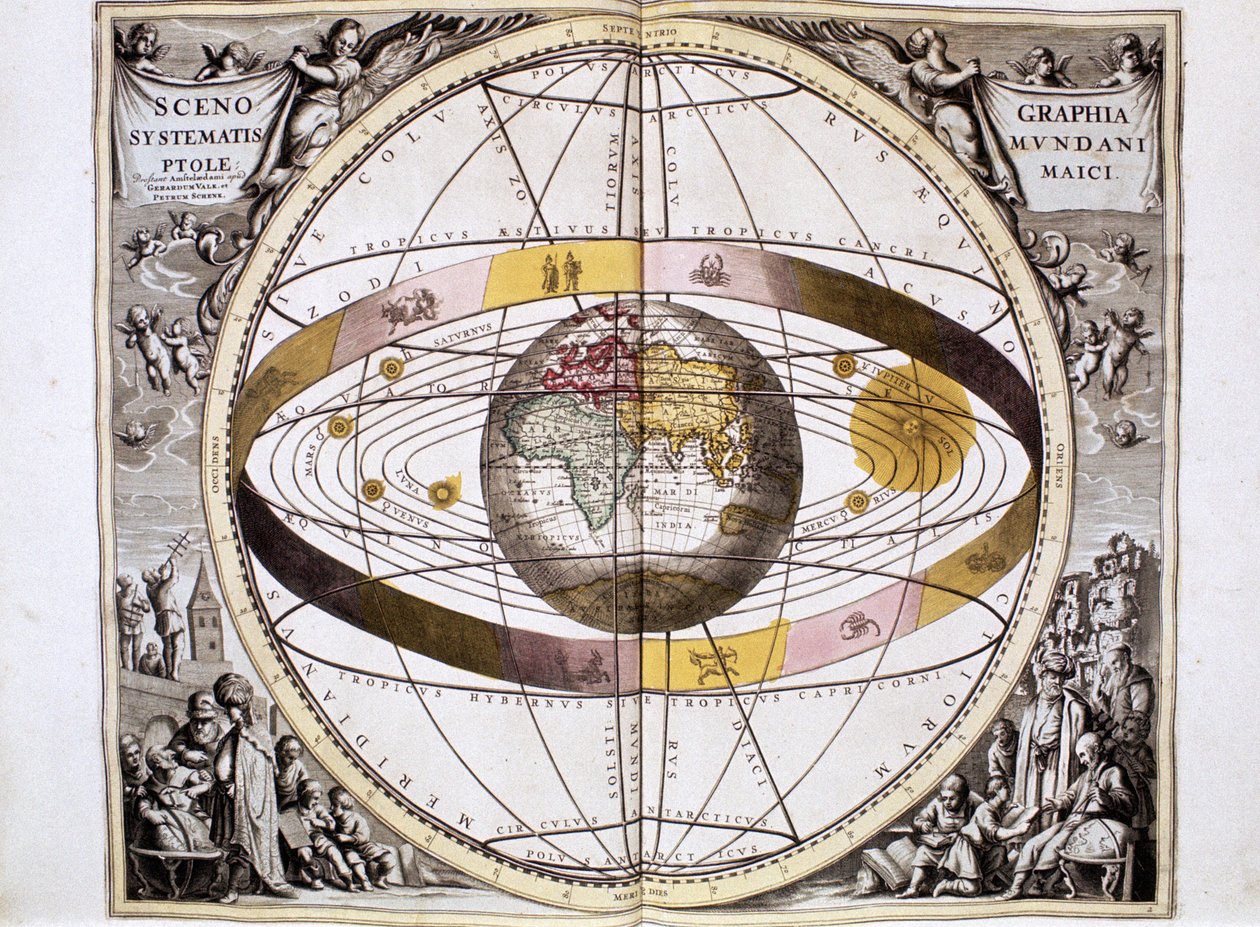 Ptolemaioksen geosentrinen, Maahan keskittyvä maailmankaikkeusjärjestelmä, jossa näkyy Auringon, Kuun ja planeettojen sijainti, Andreas Cellariuksen 